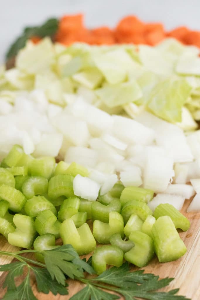 vegan cabbage soup- ingredients for the soup chopped up and lined up in a row