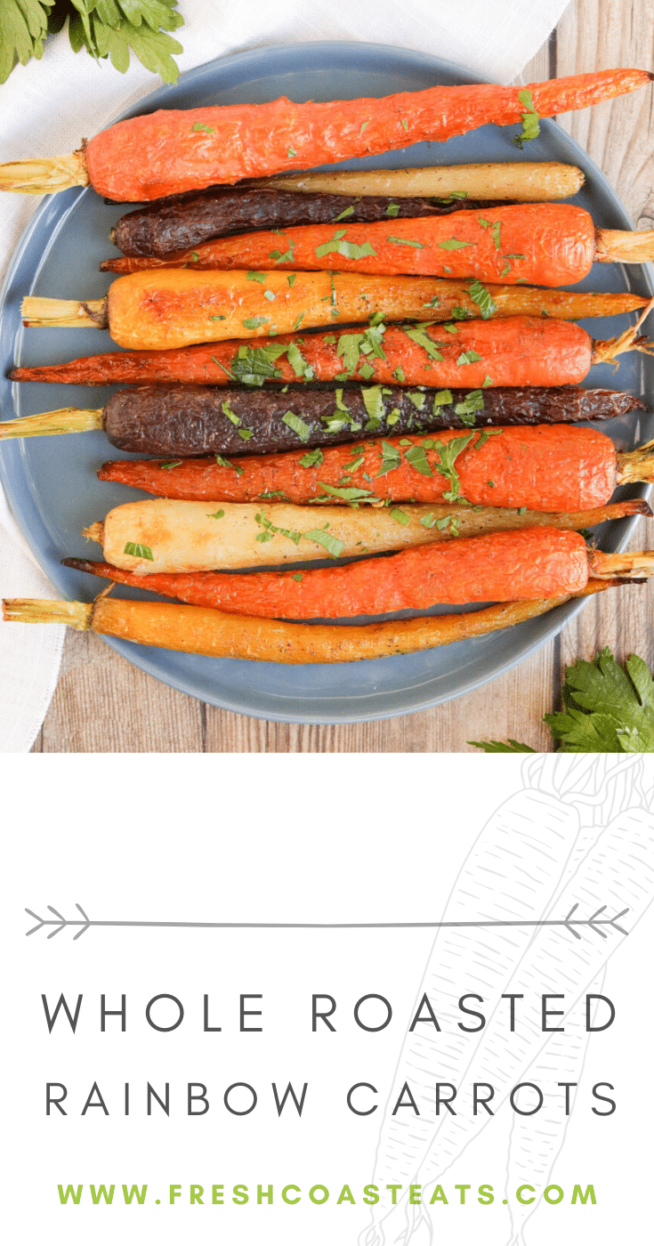 Whole roasted rainbow carrots pinterest image.