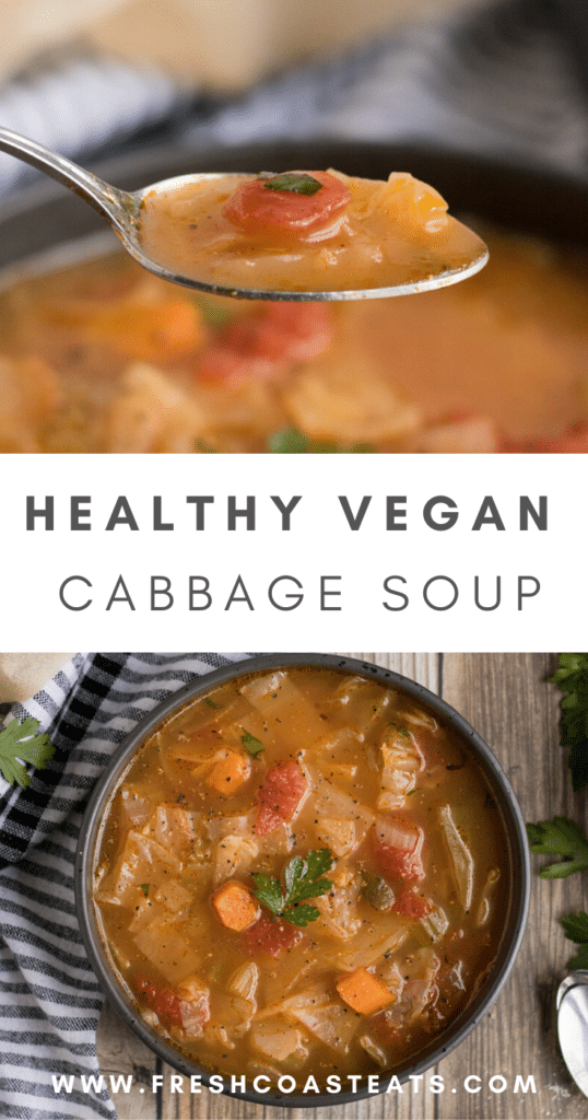 cabbage soup in a black bowl with a sprig of parsley on top 