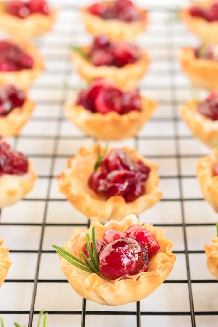 Cranberry Brie Bites: A picture of a phyllo shell filled with brie and cranberries garnished with a sprig of rosemary. 