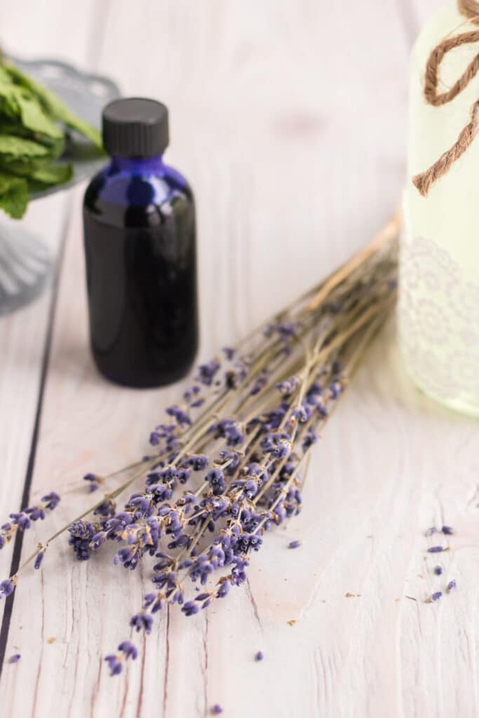 Ingredients to make a lavender mimosa - lavender, lemonade and essential oil.