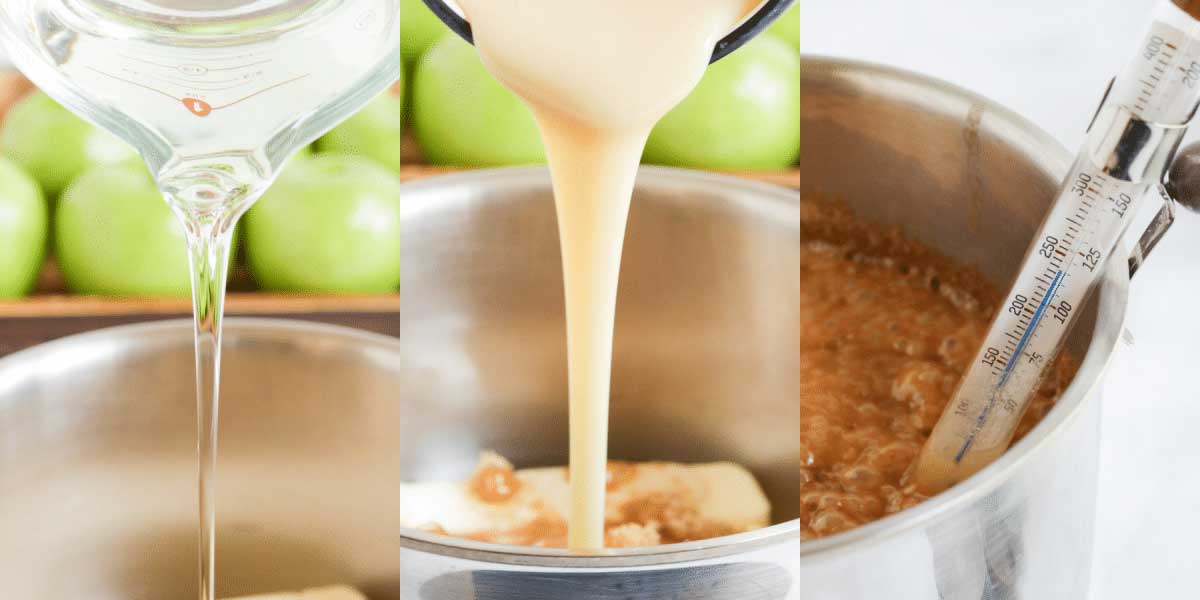 Collage of images showing making the caramel sauce for caramel apples