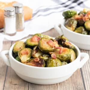 Bowl of keto brussels sprouts on the table ready to eat.