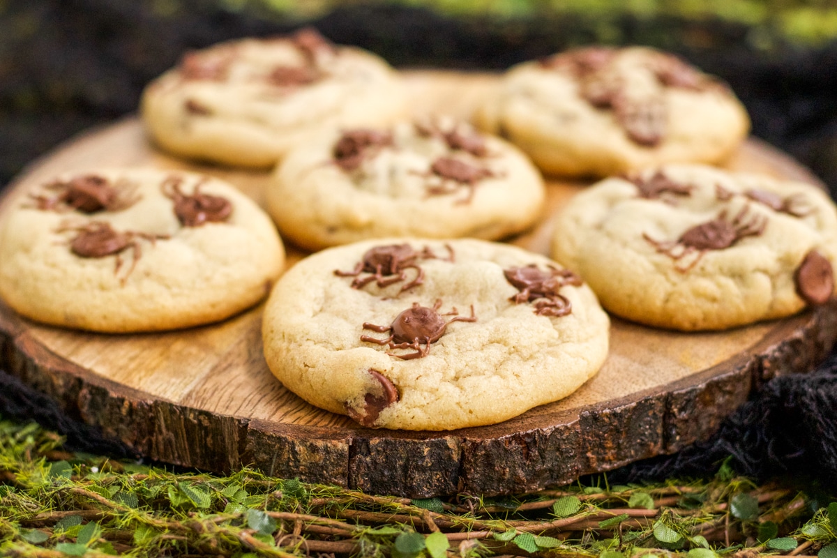 Chocolate chip cookies on a wooden server with chocolate chips turned into small spiders. 