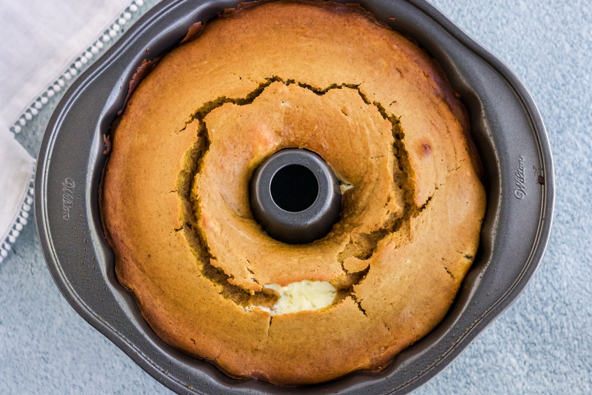 Pumpkin Cream Cheese Pound Cake fresh out of the oven in a bundt pan. 