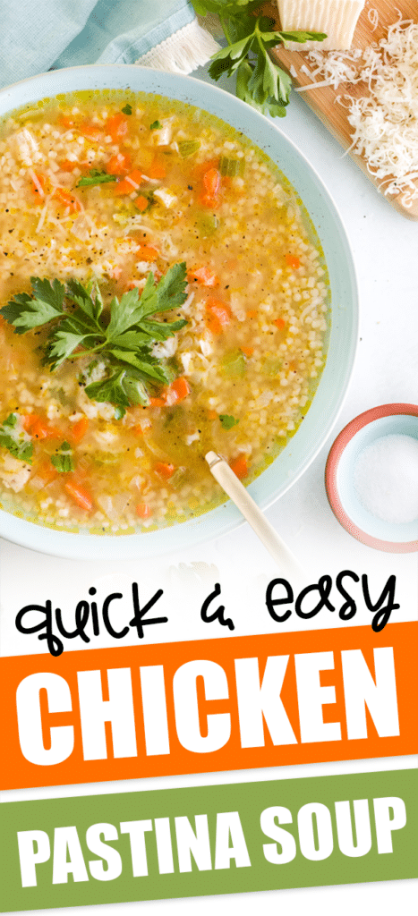 served chicken pastina soup with text that reads quick & easy chicken pastina soup