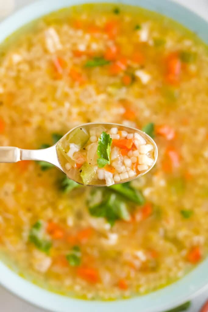 served chicken pastina soup on a spoon