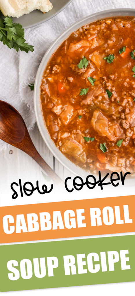 pan of slow cooker cabbage roll soup with text that reads slow cooker cabbage roll soup