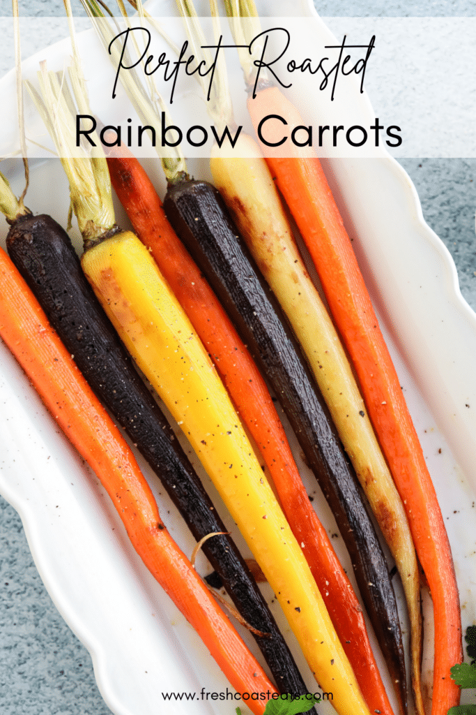 A Pinterest Image for Perfect Roasted Rainbow Carrots on a white platter with a blue background. 