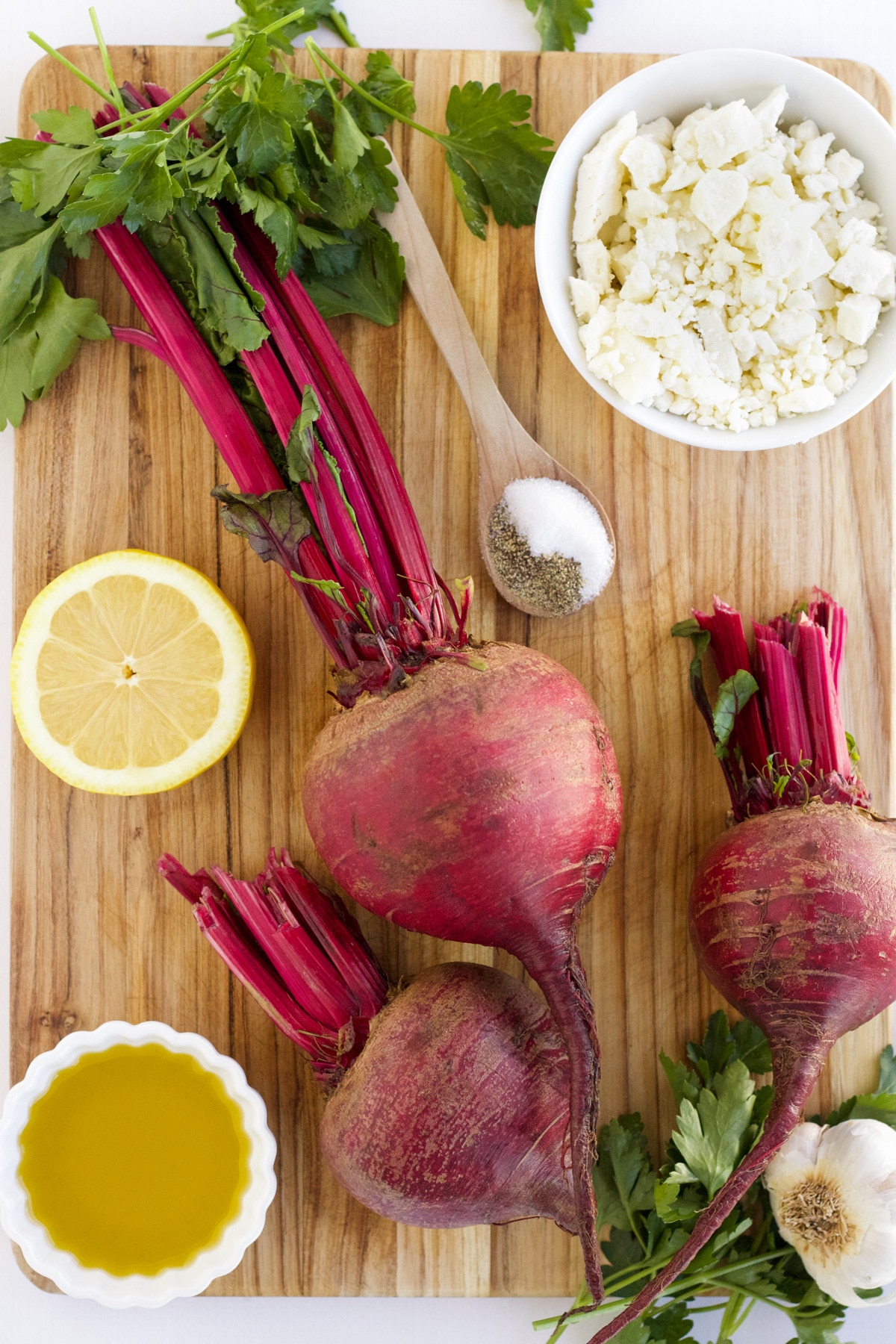 Ingredients for beetroot feta salad on the table.