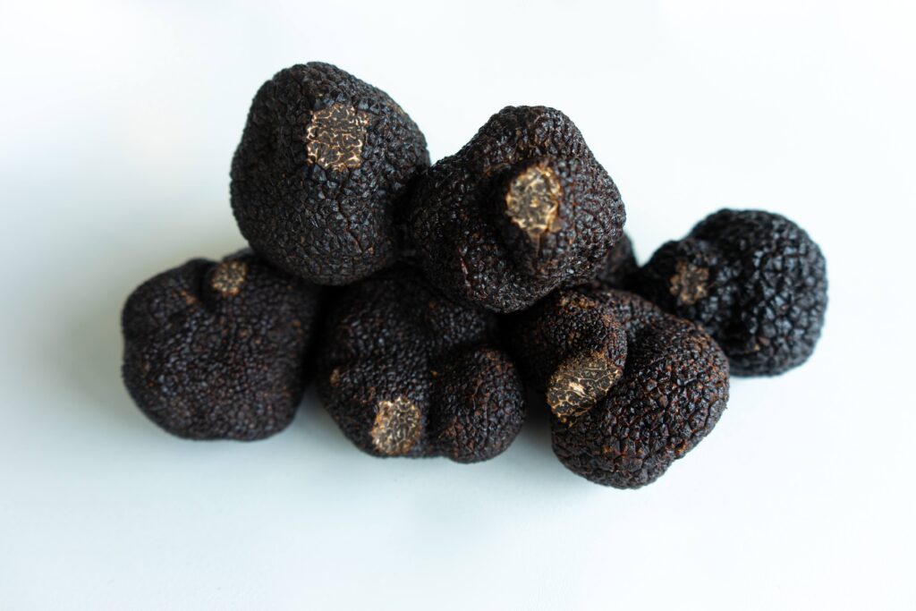 An image of black truffles stacked up on a plain white backdrop.