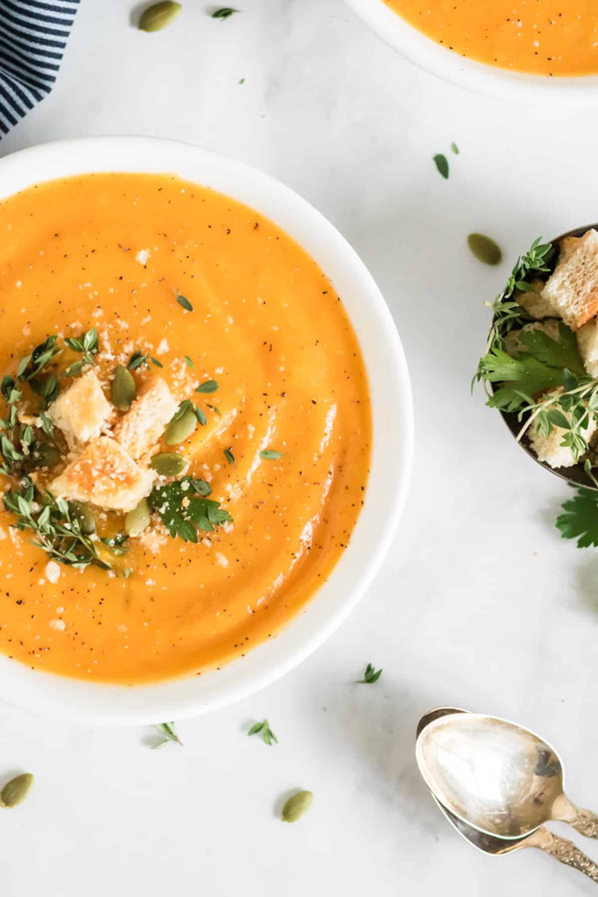 close up of a bowl of vegan butternut squash soup