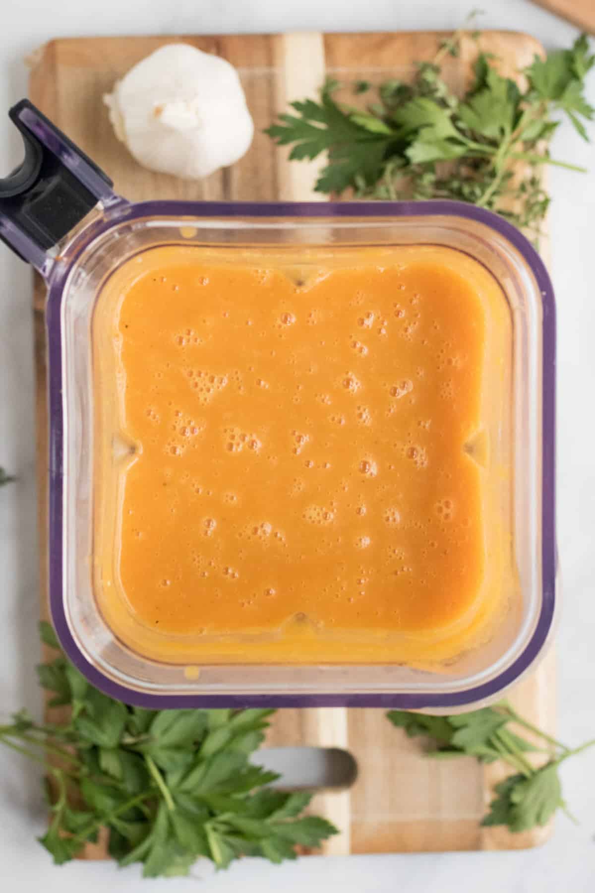 pureed butternut squash soup in blender
