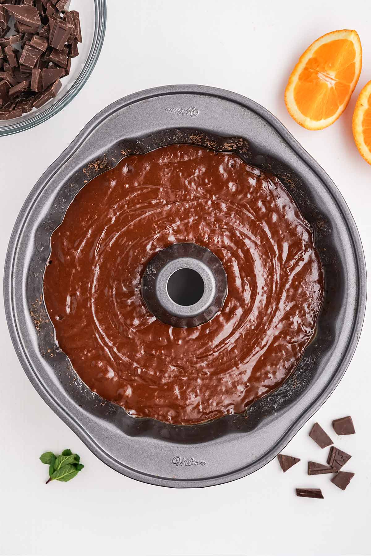 Batter is poured into a bundt pan.