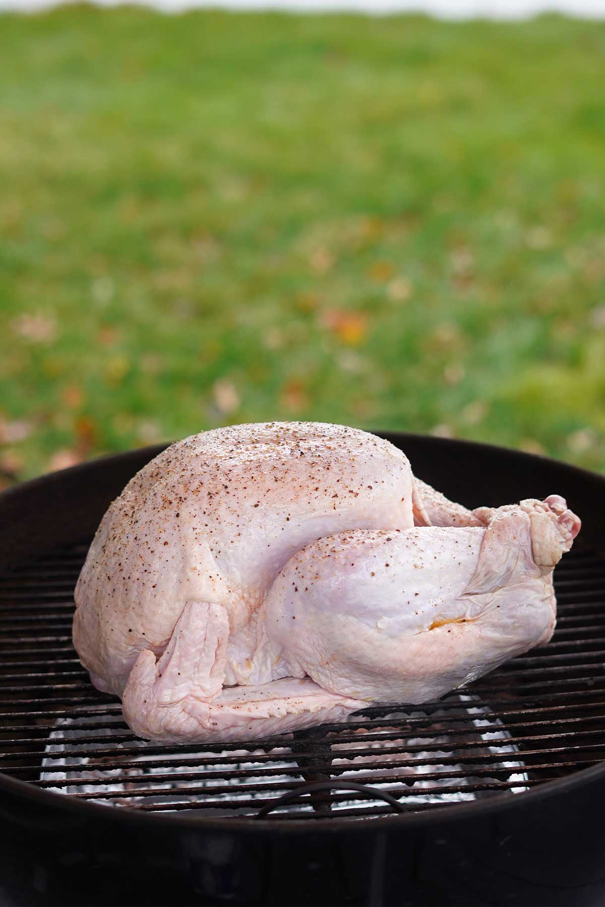 The uncooked turkey on the grill to start cooking.