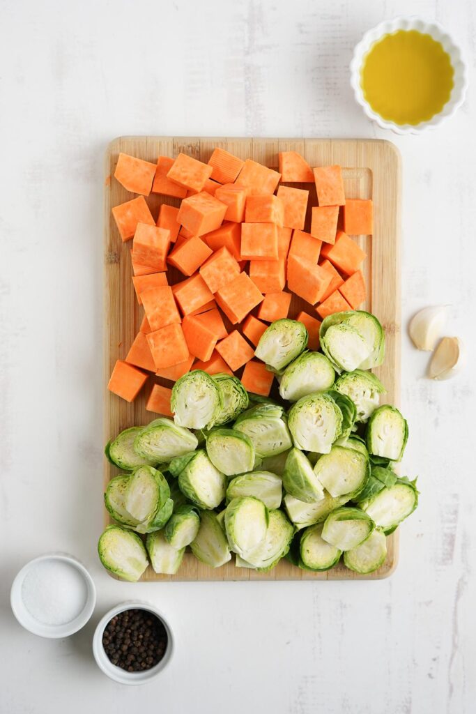 Roasted Brussel Sprouts and Sweet Potatoes - Fresh Coast Eats