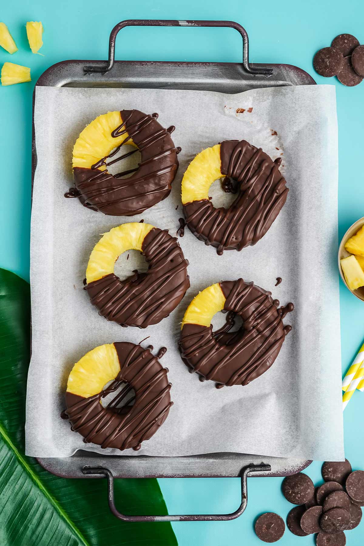 Finished striped chocolate covered pineapple.