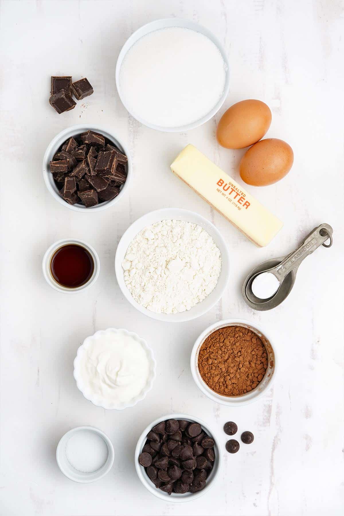 Ingredients to make triple chocolate muffins.