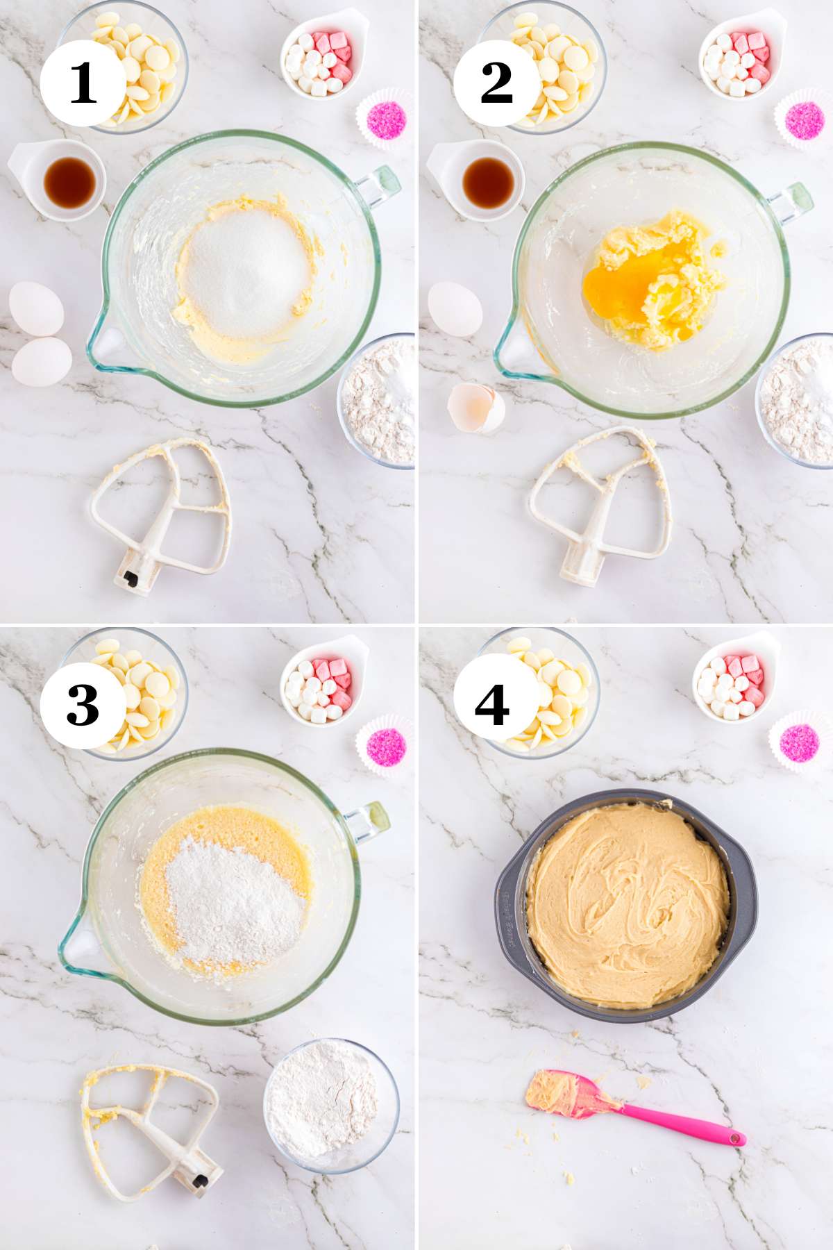 A collage of images showing the steps for making the cake batter for bunny cake pops.