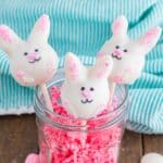 A glass jar with three bunny cake pops sticking out.