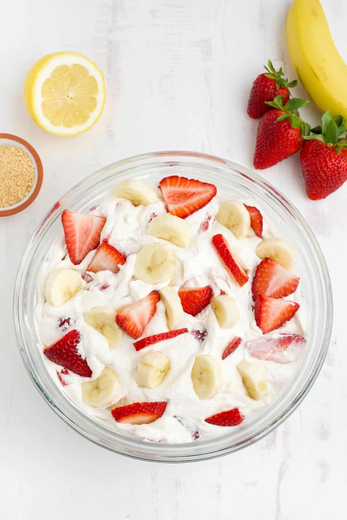 Bananas and strawberries mixed into the creamy cheesecake mixture.