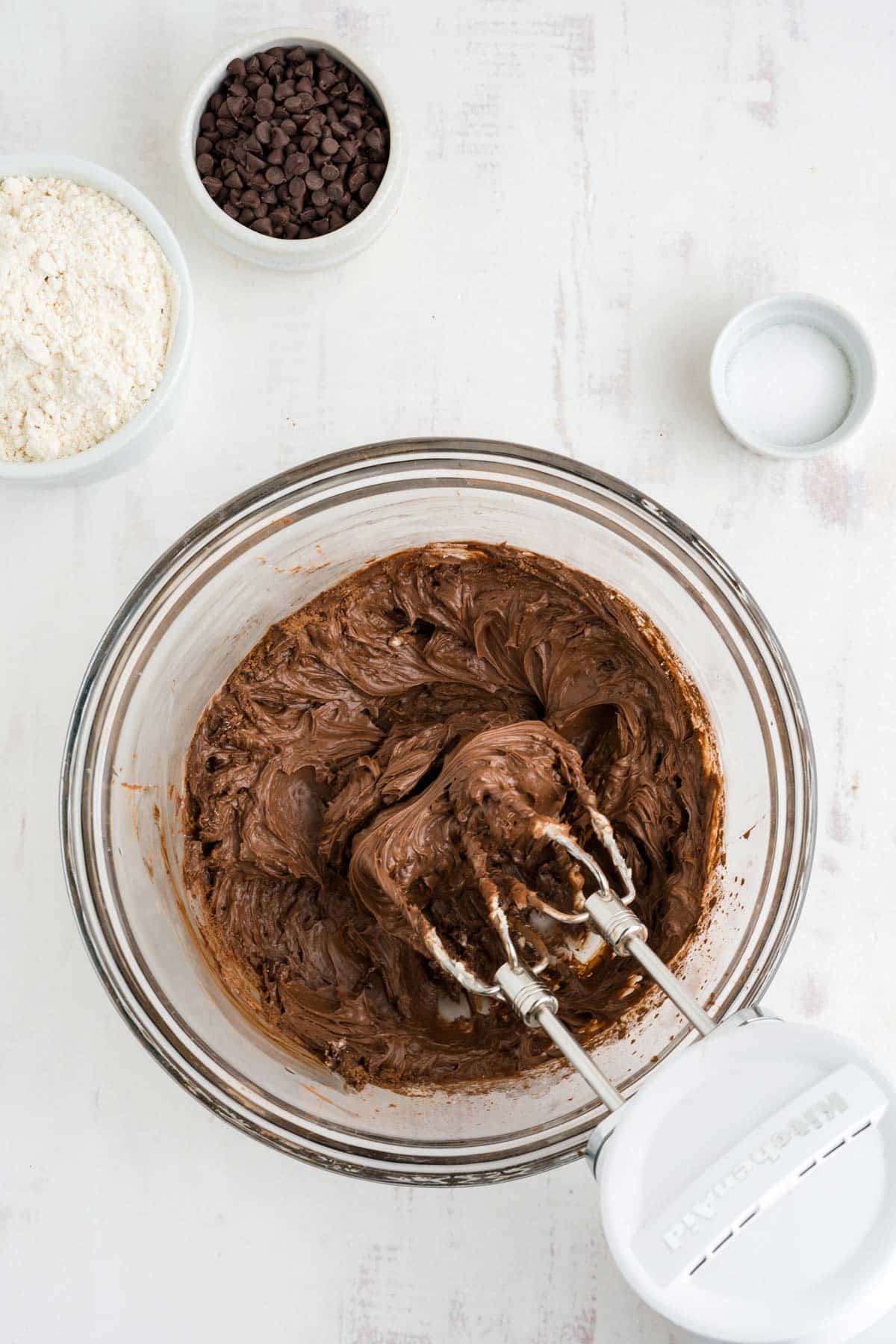 The bowl of cookie batter after adding the cocoa powder.