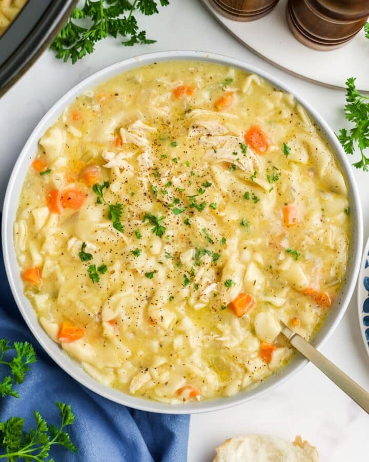 A bowl of crockpot creamy chicken noodle soup on a table surrounded by sprigs of parsley.