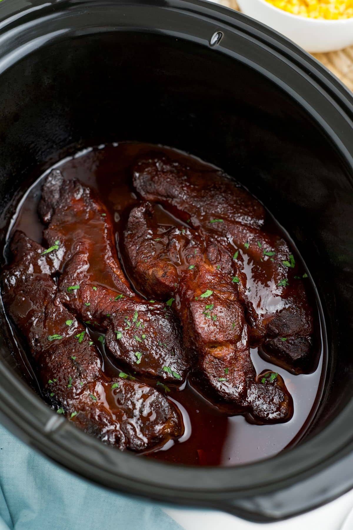 Country style pork ribs in a slow cooker.