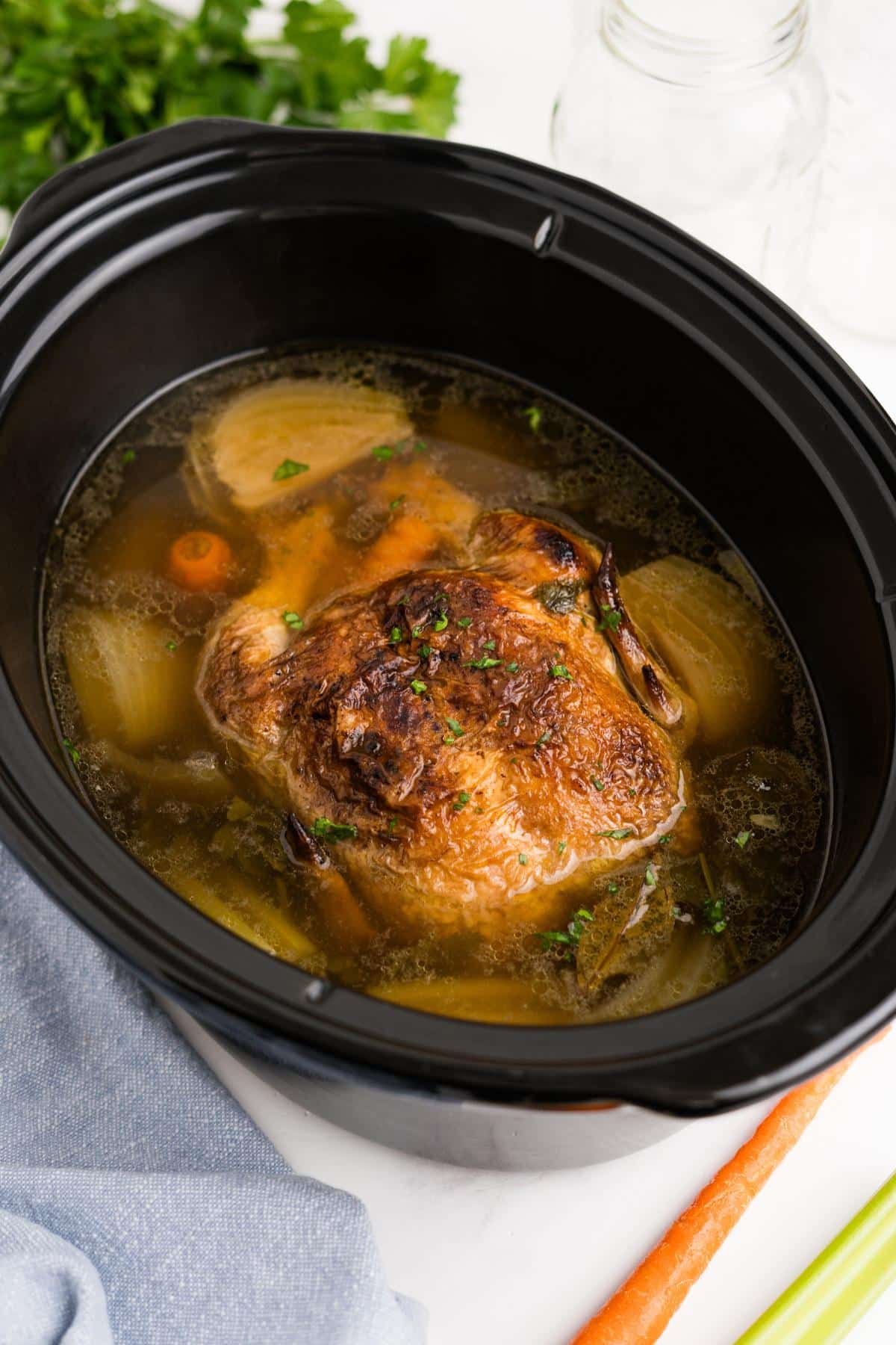 Chicken broth in the slow cooker once it's done cooking.