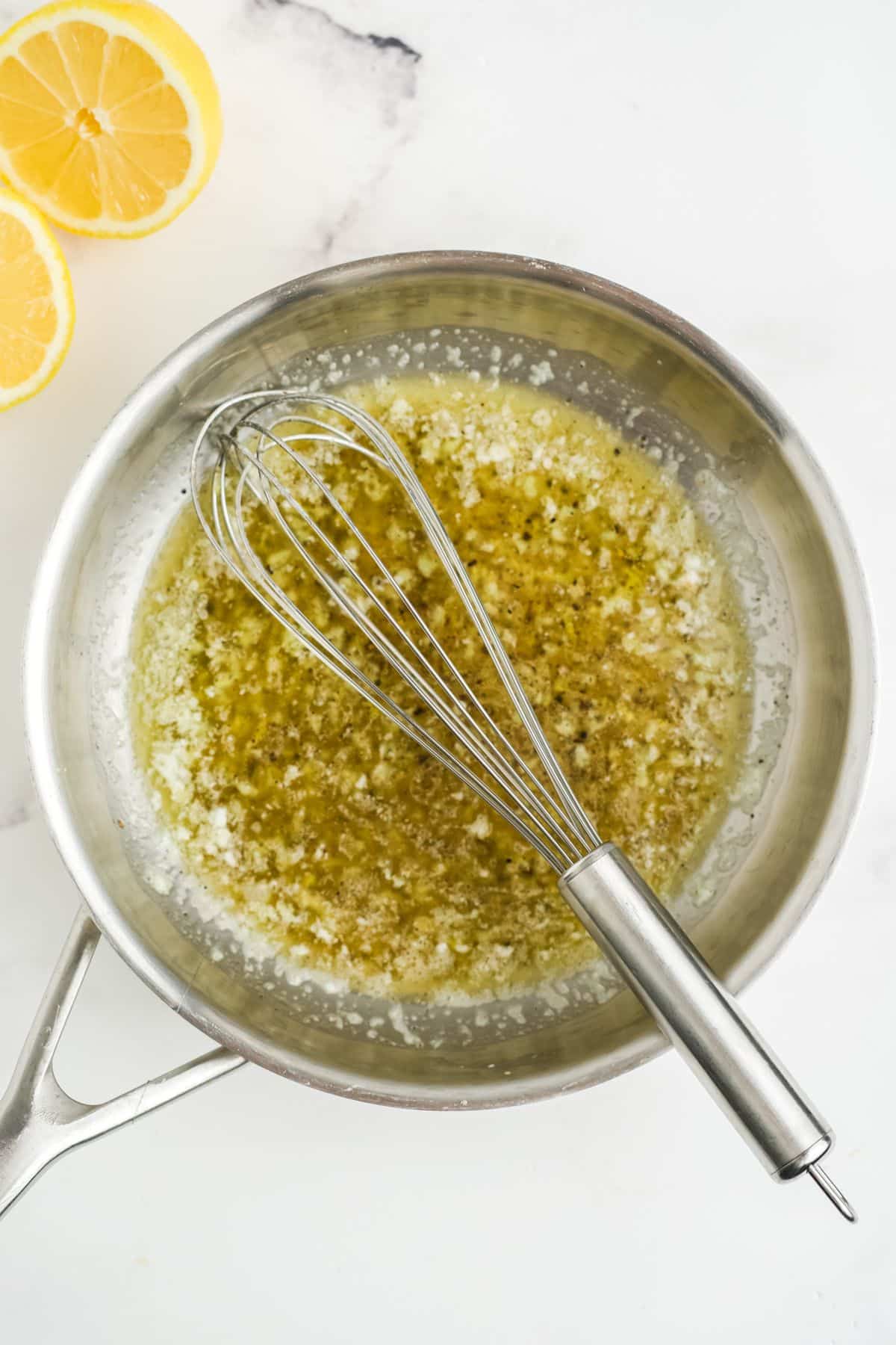 Finished lemon pepper sauce in a skillet.