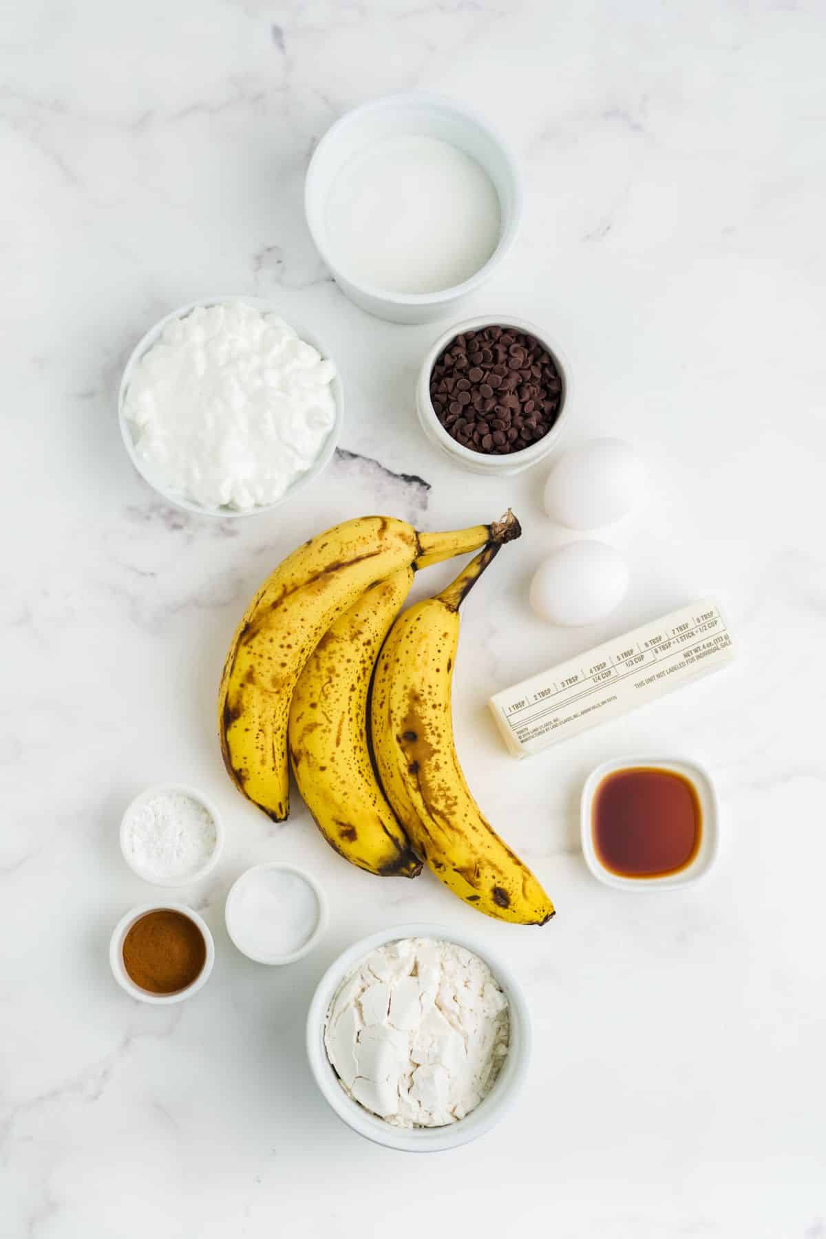 Ingredients to make cottage cheese banana bread before mixing.