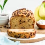Cottage cheese banana bread with a slice cut to show inside.