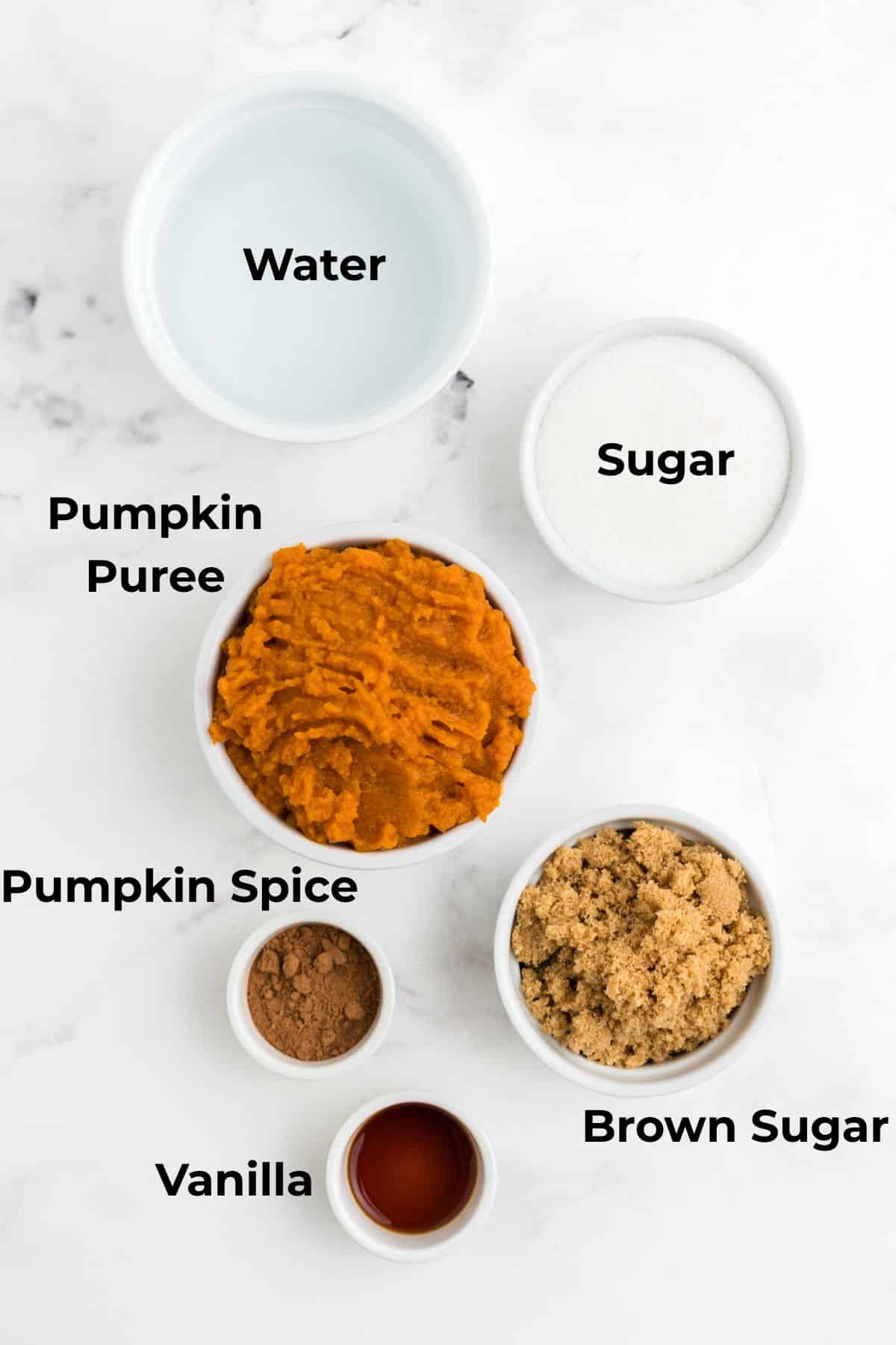 An overhead ingredient image to make a homemade fall pumpkin syrup at home. 