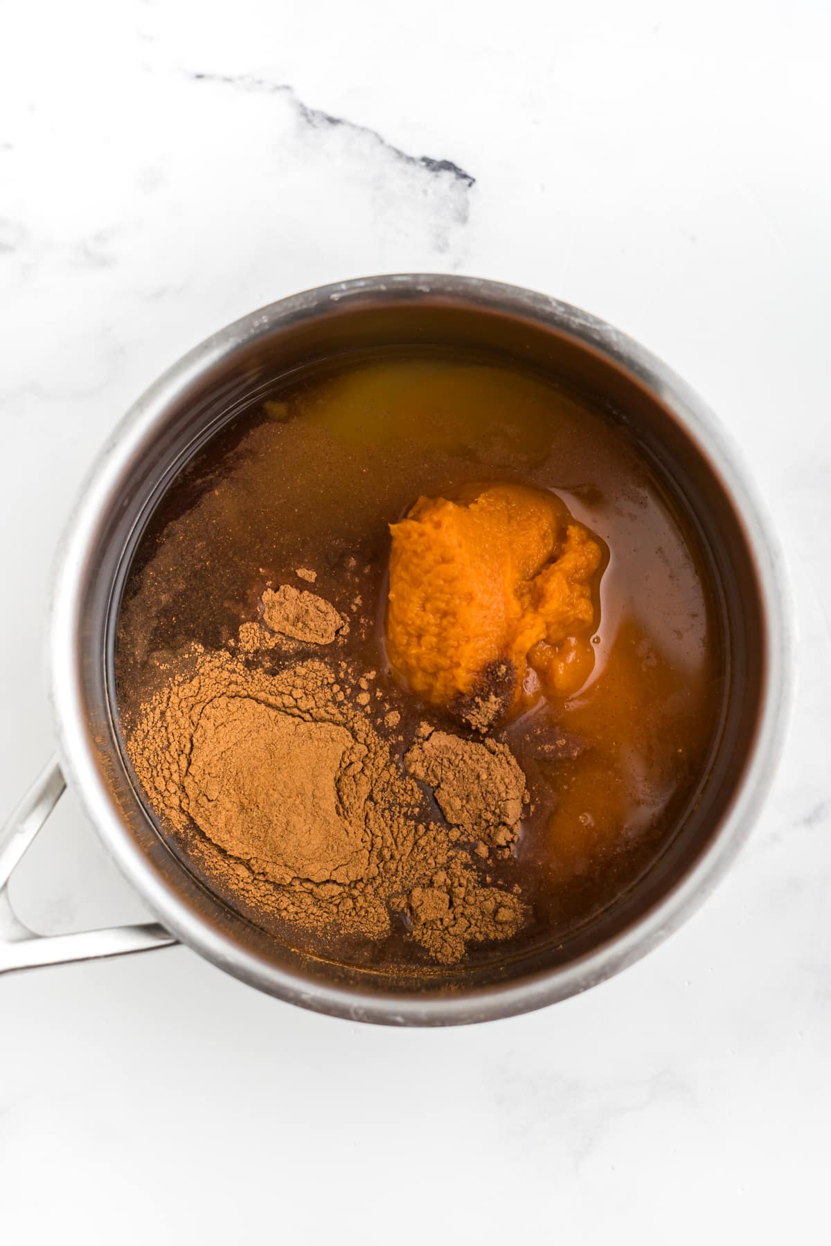 An overhead image of ingredients for homade syrup in a sauce pan. 