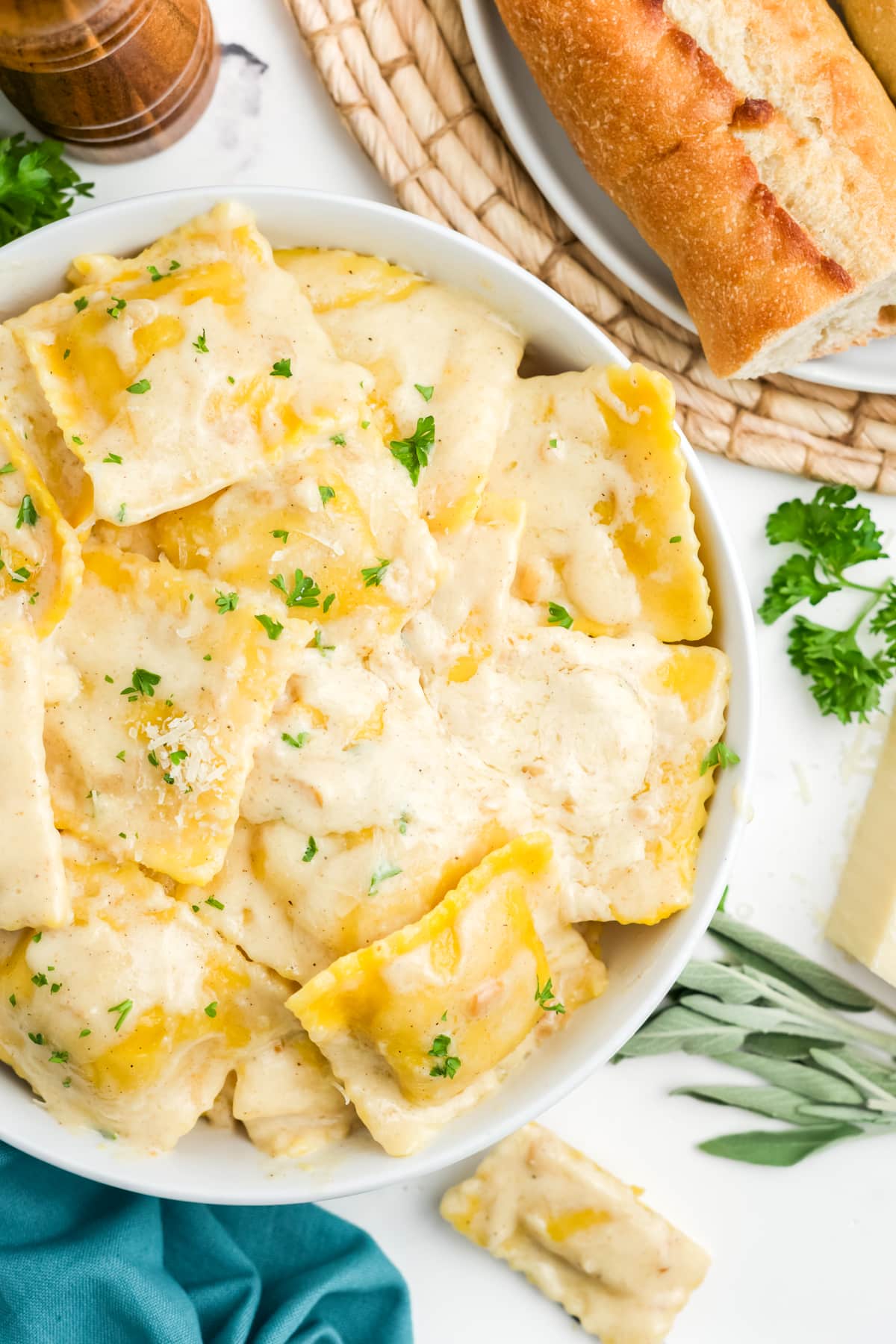 Butternut squash ravioli in a bowl.