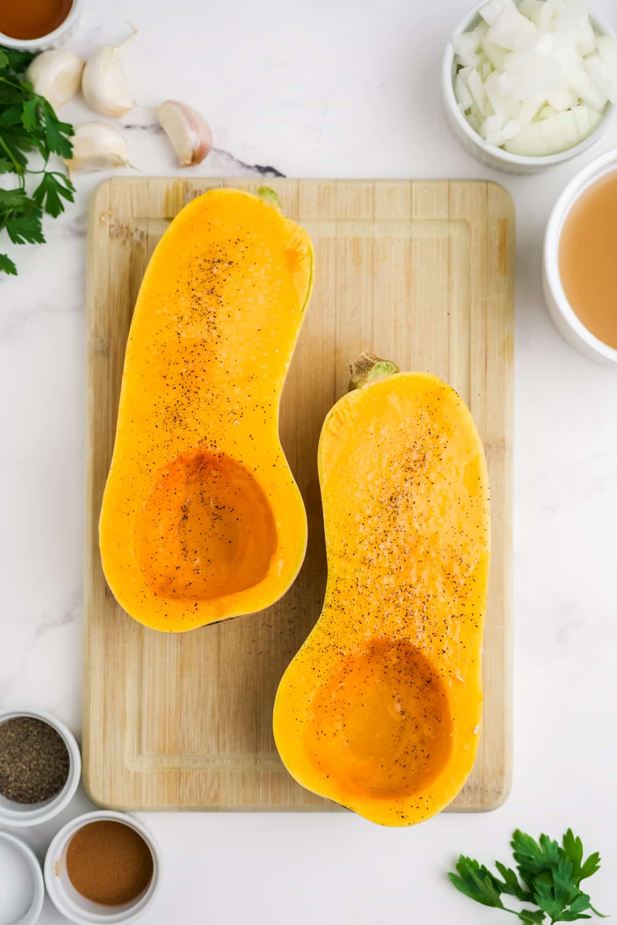 Butternut squash cut in half.