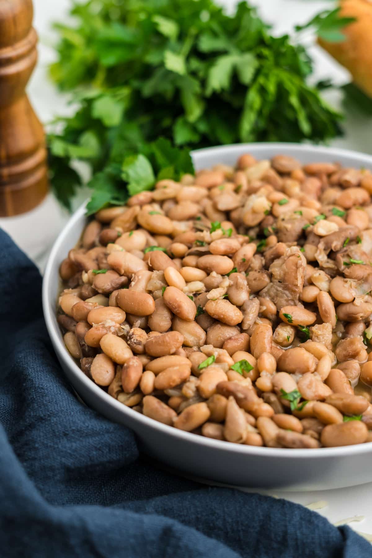 A bowl of slow cooker pinto beans with parsley in the background.