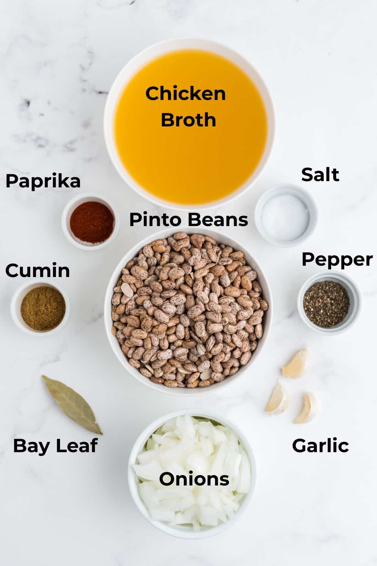 Ingredients to make crockpot pinto beans in bowls.