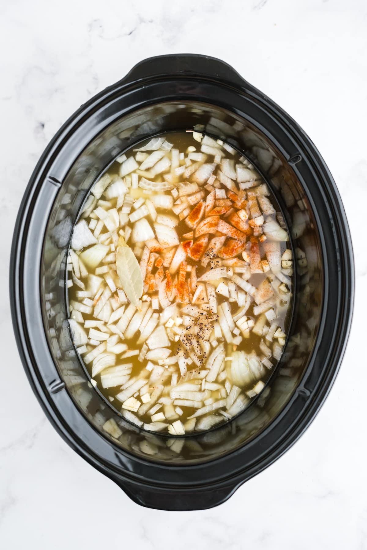 All of the ingredients for make crock pot pinto beans in the slow cooker.