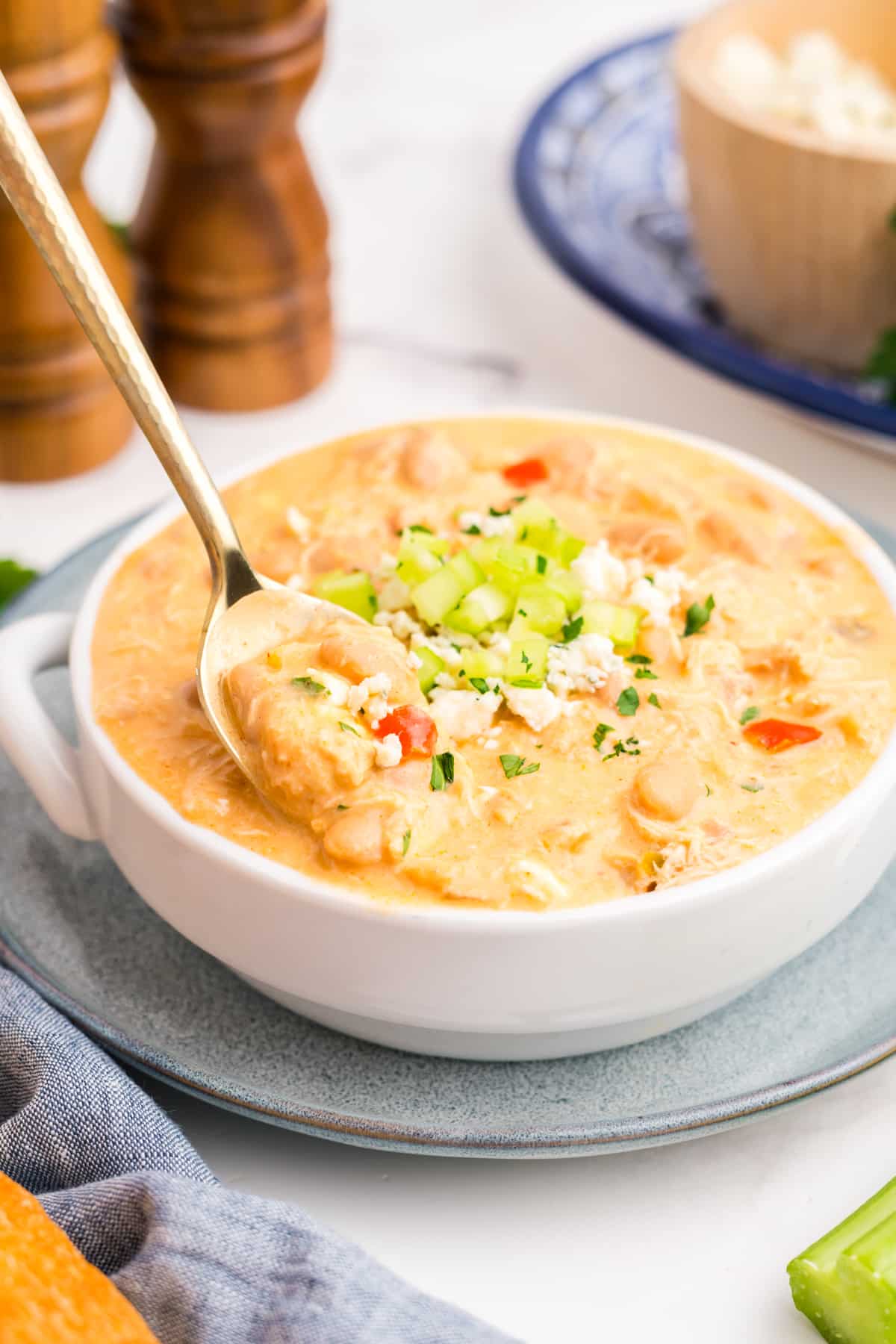 Slow cooker buffalo chicken chili in a bowl.