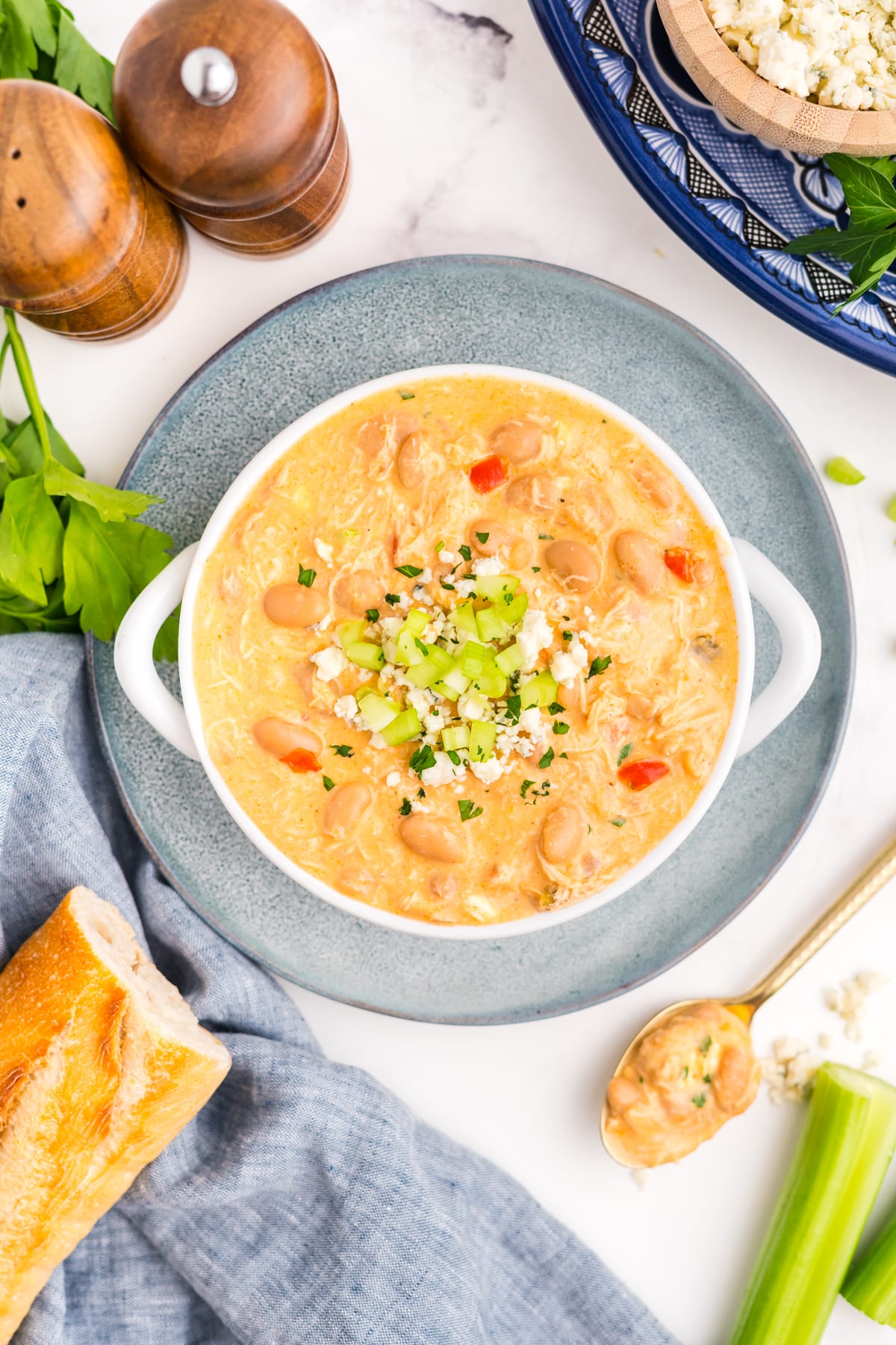 Slow cooker buffalo chicken chili in a bowl.