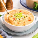 Slow cooker buffalo chicken chili in a bowl.