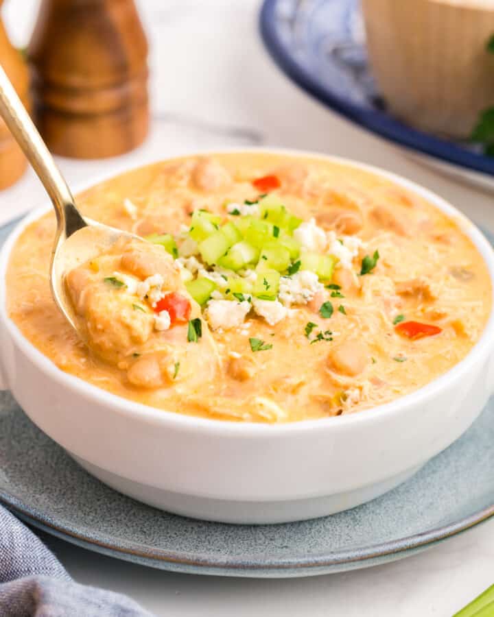 Slow cooker buffalo chicken chili in a bowl.