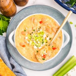 Slow cooker buffalo chicken chili in a bowl.