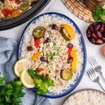 Overhead image of slow cooker greek chicken on a platter.