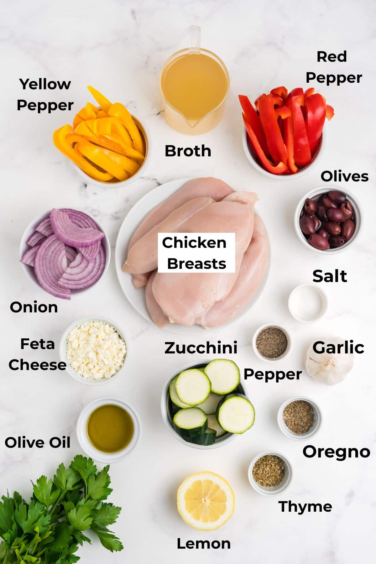 Ingredients for making Greek chicken in bowls.