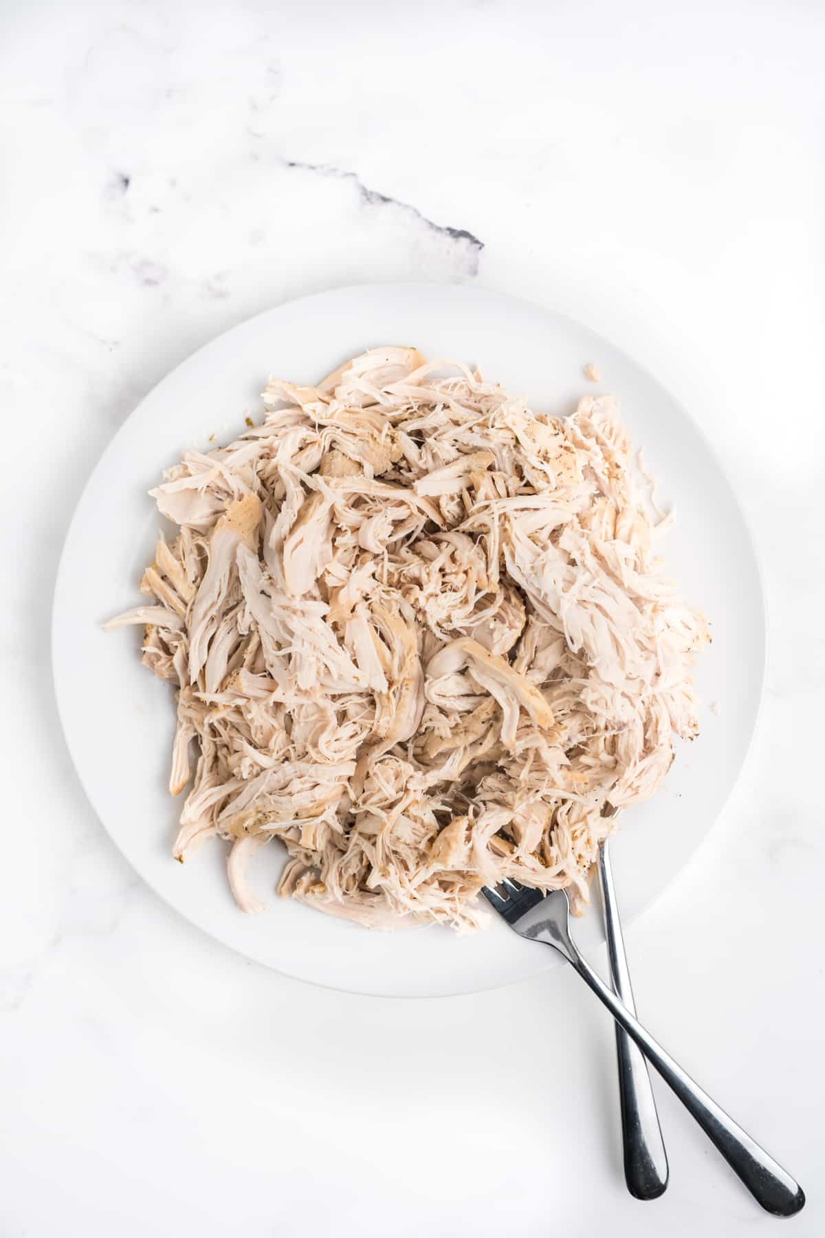 Shredded chicken on a plate with two forks. 