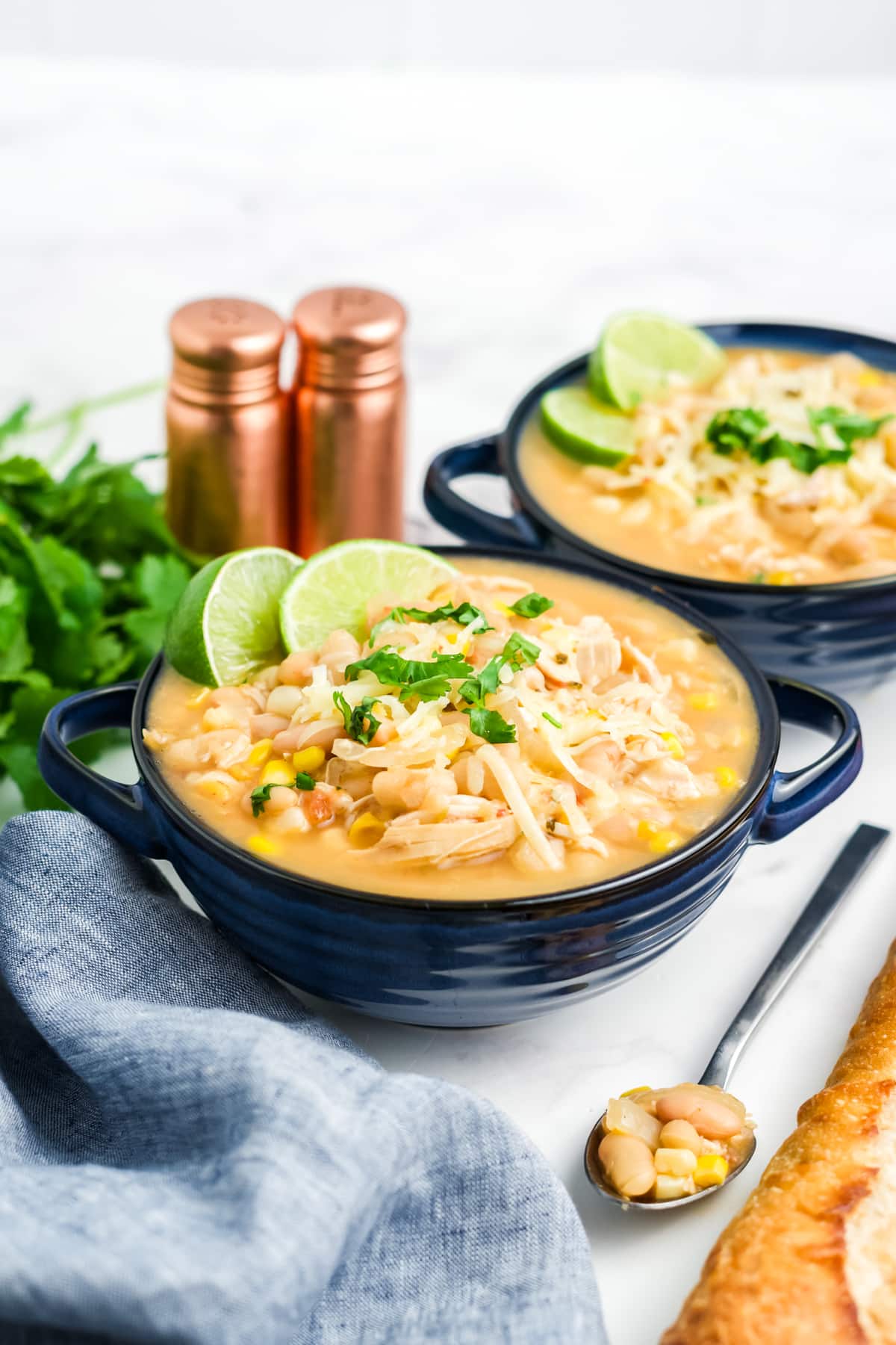 White bean chicken chili with corn in a pot.