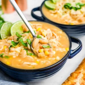 White chicken chili with corn in a bowl.