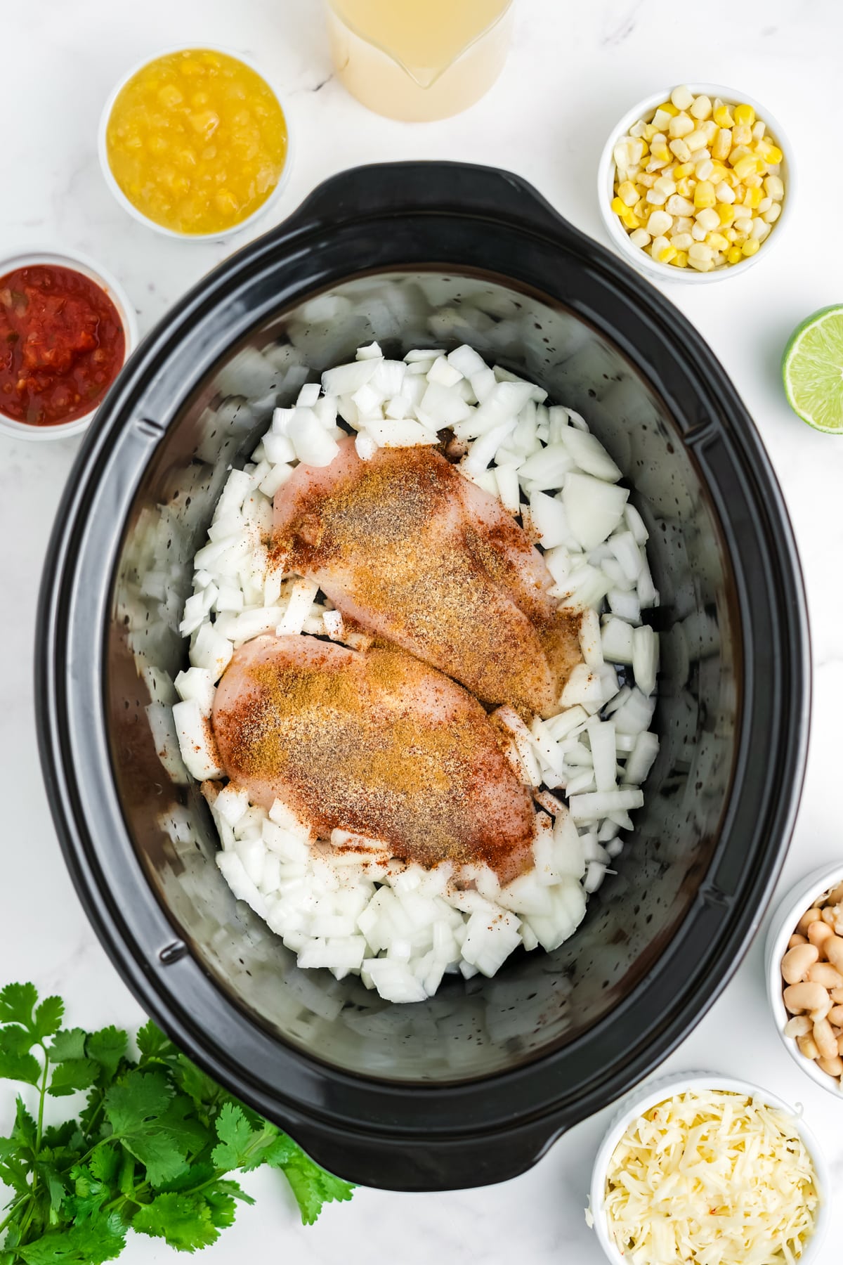 Seasoned raw chicken and onions in a slow cooker.